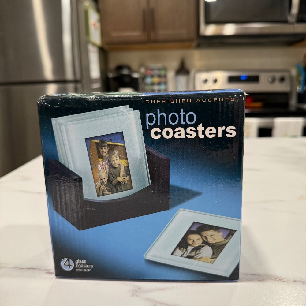 Cherished Accents Glass Photo Coasters, with Storage Rack